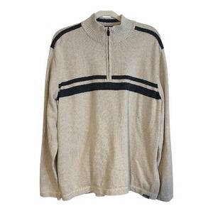 Eddie Bauer Mens Mock Neck XL Beige Quarter Zip Sweater with Navy Stripes